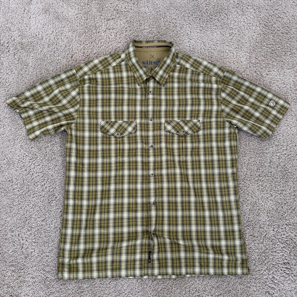 Kuhl Shirt Mens 2XL Green Plaid Pearl Snap Button Up Short Sleeve Hiking Outdoor